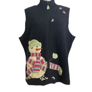 Coldwater Creek Sweater Vest Womens XL Holiday Snowman Winter  Black Boiled Wool